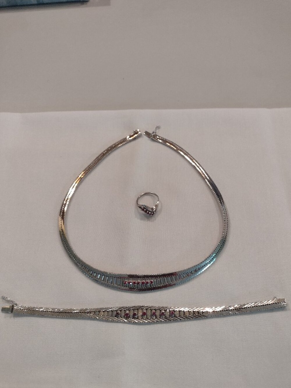 Vintage Silver and Ruby Necklace, Bracelet and Ring